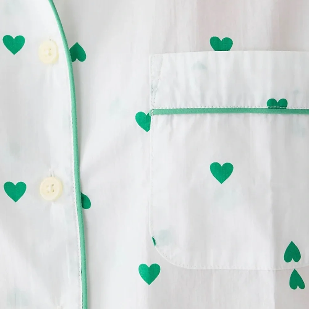 NWT JCrew Long-sleeve cropped cotton poplin pajama pant set in green heart prin - Picture 2 of 4